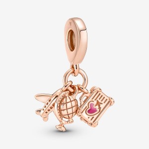 Pandora Airplane, Globe & Suitcase Triple Dangle Charm Rosa Oro | 73DSPCATL