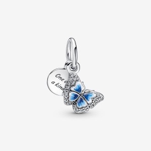 Pandora Blue Butterfly & Quote Double Dangle Charm Argento | 53XKDFQMW