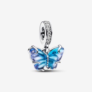 Pandora Blue Murano Glass Butterfly Dangle Charm Argento | 38BDTEWMR