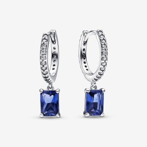 Pandora Blue Rectangular Sparkling Hoop Earrings Argento | 56ADXLQGM