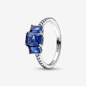 Pandora Blue Rectangular Three Stone Sparkling Ring Argento | 02ZSXMHYP