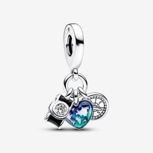 Pandora Camera, Heart & Compass Triple Dangle Charm Argento | 84HYGEVFA