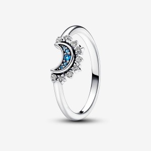 Pandora Celestial Blue Sparkling Moon Ring Argento | 26GYVITCH