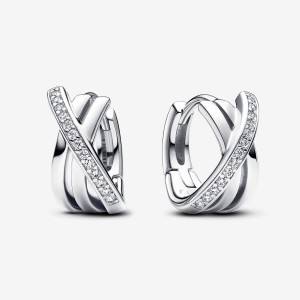 Pandora Crossover Pave Hoop Earrings Argento | 87FSOBHZG