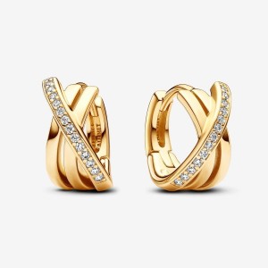 Pandora Crossover Pave Hoop Earrings Oro | 05ETGACWV