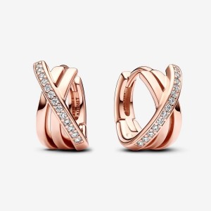 Pandora Crossover Pave Hoop Earrings Rosa Oro | 21QWJFGNO