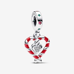 Pandora Double Candy Cane Heart Christmas Dangle Charm Argento | 50XPYWUKS