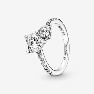 Pandora Double Heart Sparkling Ring Argento | 59IESYKZQ