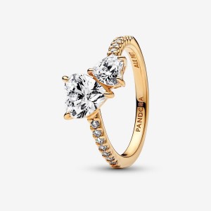 Pandora Double Heart Sparkling Ring Oro | 76TGVZQPU