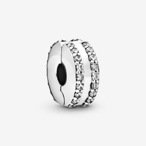 Pandora Double Lined Pave Clip Charm Argento | 86ZACWPIV
