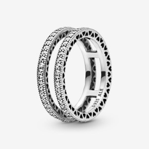 Pandora Double Sparkle and Hearts Ring Argento | 53IYKQJOR