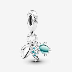 Pandora Fish, Sea Turtle & Conch Triple Dangle Charm Argento | 58VJHATUN