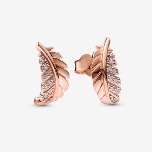 Pandora Floating Curved Feather Stud Earrings Rosa Oro | 03AKCOPBV