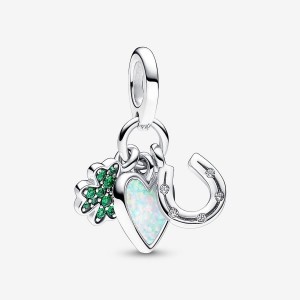Pandora Four Leaf Clover, Heart and Horseshoe Triple Dangle Charm Argento | 34FCXZKHL