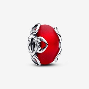 Pandora Frosted Red Murano Glass & Hearts Charm Argento | 65SZBGPJH