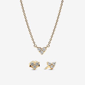 Pandora Golden Triple Stone Heart Necklace and Earrings Set Colorate | 48VZUKSYF
