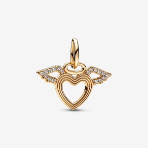 Pandora Heart & Angel Wings Dangle Charm Oro | 14VNGTDYO