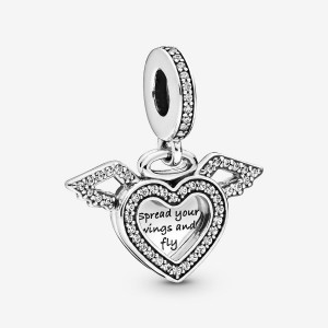 Pandora Heart and Angel Wings Dangle Charm Argento | 17TKMJYRL