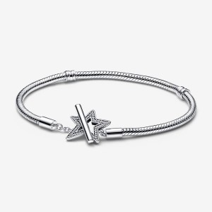 Pandora Moments Asymmetric Star T-bar Snake Chain Bracelet Argento | 68ATSQIHM