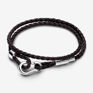 Pandora Moments Brown Braided Double Leather Bracelet Argento | 42SZNGJVA