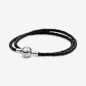 Pandora Moments Double Black Leather Bracelet Argento | 91BGXUQLH
