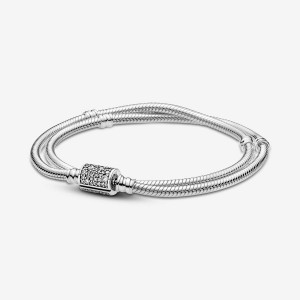 Pandora Moments Double Wrap Barrel Clasp Snake Chain Bracelet/Necklace Argento | 82ZXJSOVH