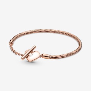 Pandora Moments Heart T-Bar Snake Chain Bracelet Rosa Oro | 30EXGTKMZ