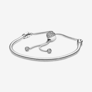 Pandora Moments Pave Heart Clasp Snake Chain Slider Bracelet Argento | 38EUXZTGY