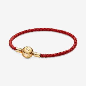 Pandora Moments Red Woven Leather Bracelet Oro | 25JLKYQEO