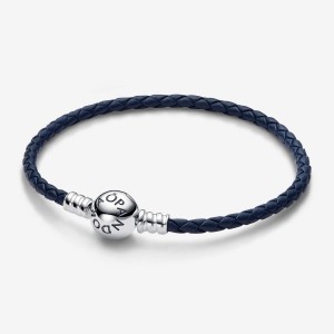 Pandora Moments Round Clasp Blue Braided Leather Bracelet Argento | 91IASRXME