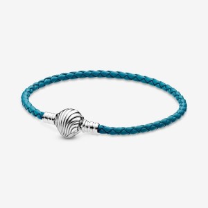 Pandora Moments Seashell Clasp Turquoise Braided Leather Bracelet Argento | 51SDNTLUV