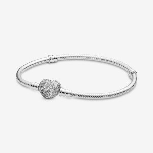 Pandora Moments Sparkling Heart Clasp Snake Chain Bracelet Argento | 80OCXRWMV