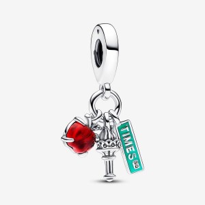 Pandora NYC Apple, Torch and Street Sign Triple Dangle Charm Argento | 14GZDTBIP