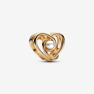 Pandora Openwork Swirling Heart & Treated Freshwater Cultured Pearl Charm Oro | 73MCREJVP