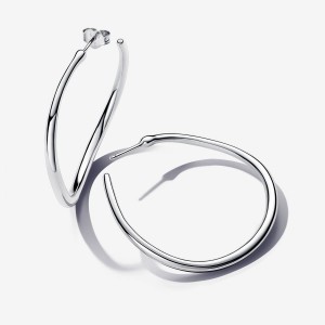 Pandora Organically Shaped 42 mm Open Hoop Earrings Argento | 97UKOMNLW