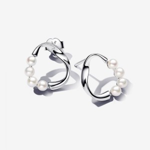 Pandora Organically Shaped Circle & Treated Freshwater Cultured Pearls Stud Earrings Argento | 54QTFUBVK