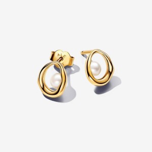 Pandora Organically Shaped Oval & Treated Freshwater Cultured Pearl Stud Earrings Oro | 03KSDIQTV