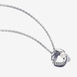 Pandora Organically Shaped Pave Circle & Treated Freshwater Cultured Pearl Collier Necklace Argento | 64KZTGMUB