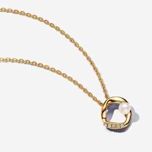 Pandora Organically Shaped Pave Circle & Treated Freshwater Cultured Pearl Collier Necklace Oro | 74RJYAVOZ