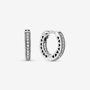 Pandora Pave Heart Hoop Earrings Argento | 32IKZNGBT