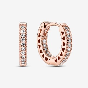 Pandora Pave Heart Hoop Earrings Rosa Oro | 35VEPMSOT