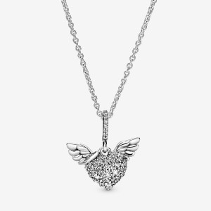Pandora Pave Heart and Angel Wings Necklace Argento | 34UHCLFDM