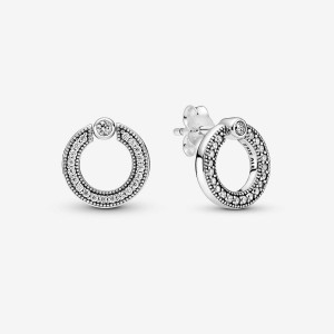 Pandora Pave & Logo Circle Reversible Stud Earrings Argento | 47QJXYITR