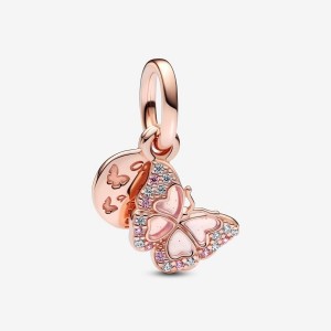 Pandora Pink Butterfly & Quote Double Dangle Charm Rosa Oro | 67GPDZXLR