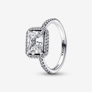 Pandora Rectangular Sparkling Halo Ring Argento | 52EASVHIG