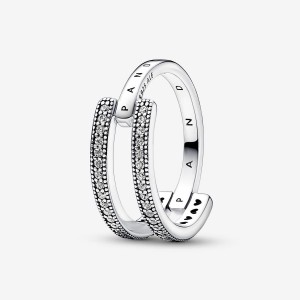 Pandora Signature Logo & Pave Double Band Ring Argento | 07MYKNLTP