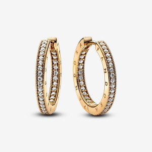 Pandora Signature Logo & Pave Hoop Earrings Oro | 10JXKOLBD