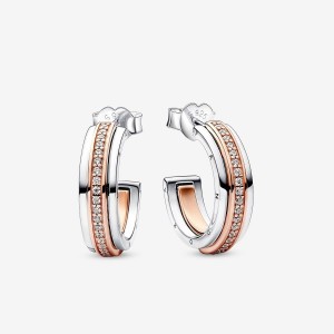 Pandora Signature Two tone Logo & Pave Hoop Earrings Colorate | 29LIEBFRA