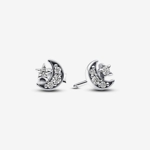 Pandora Sparkling Moon & Star Stud Earrings Argento | 52HNXOFMK