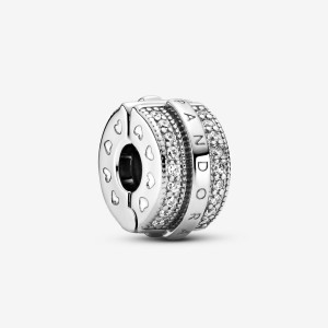 Pandora Sparkling Pave Lines & Logo Clip Charm Argento | 68BCZNTUH